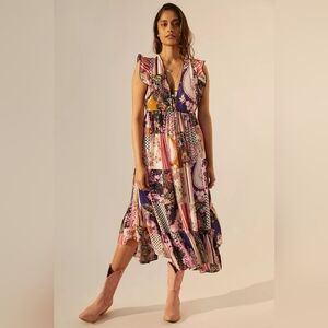 Anthropologie Ruffled Patchwork Midi Dress, Size 10 Petite.